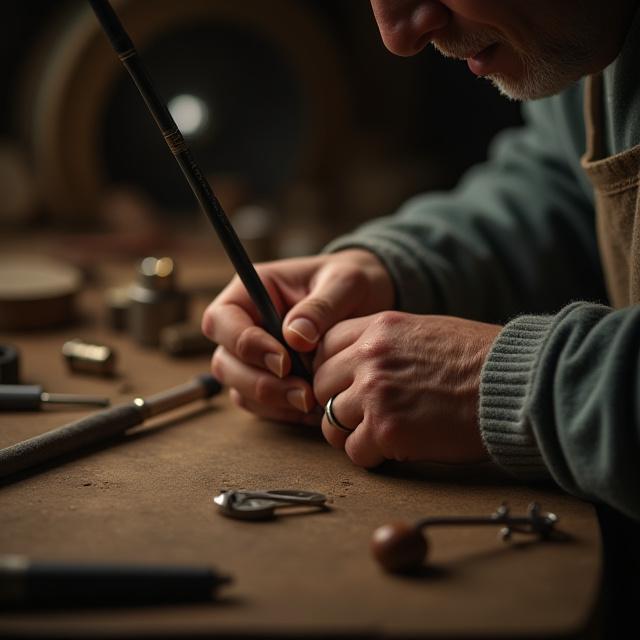 Le mani di un maestro artigiano mentre rifinisce una mazza da golf Argonauta Verde